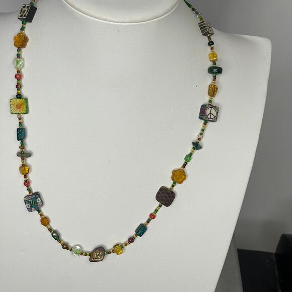 Artisan beaded necklace costume jewelry natural nature neutral burnished silver - Picture 5 of 10